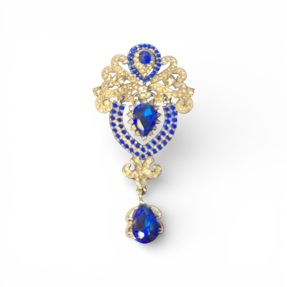 Blue Rhinestone Dangle Brooch Silver Tone Teardrop Vintage Style Pin